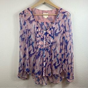 Maeve Anthropologie Size 8 Silk Blouse‎ Button Up Light Weight Pink Blue Painted
